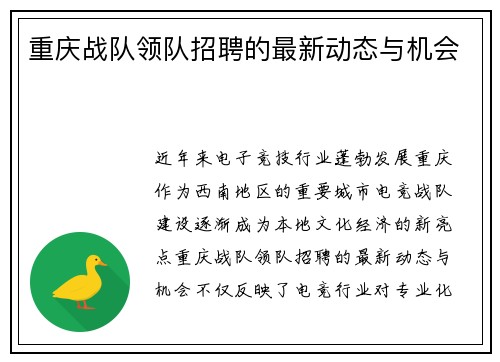 重庆战队领队招聘的最新动态与机会