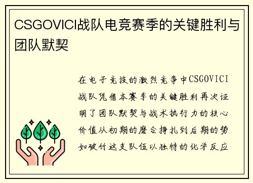 CSGOVICI战队电竞赛季的关键胜利与团队默契